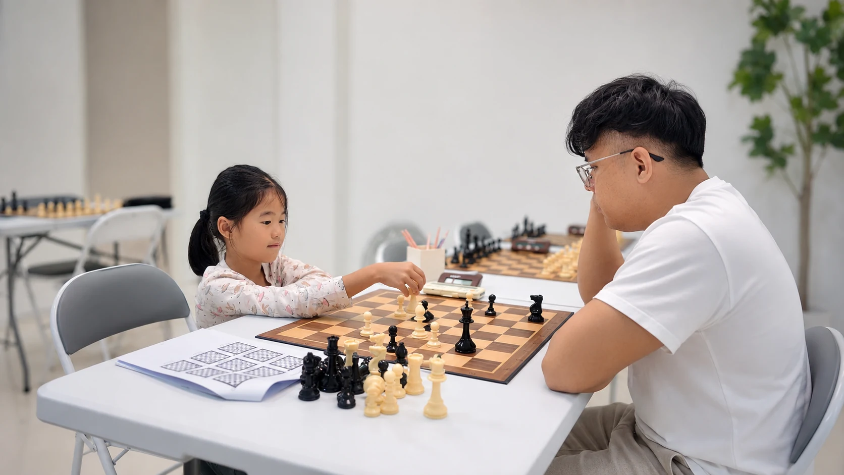 A young student playing chess with her coach during a private lesson.